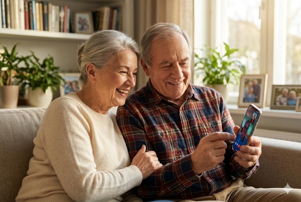 Abuelos felices usando el celular